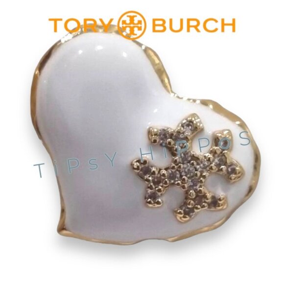 Tory Burch Heart Shaped Earrings In White & Gold - Picture 2 of 5